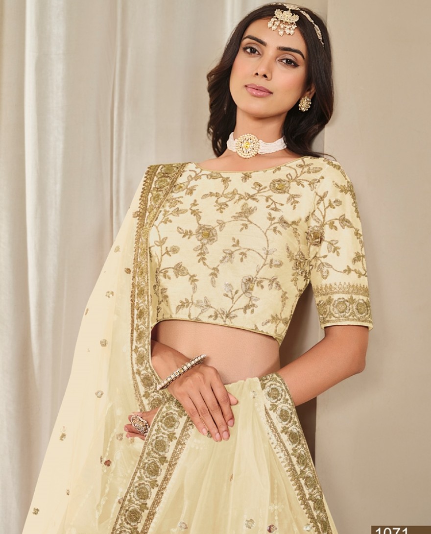 1071-cream - Cream Embroidered Art Silk Lehenga Choli for Wedding